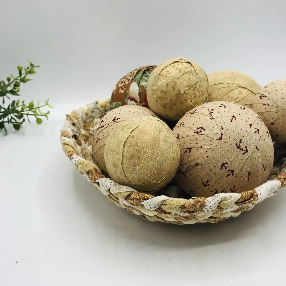 Neutral Tans Beige Cream Braided Basket with 7 Fabric Balls Handmade 9x9x2